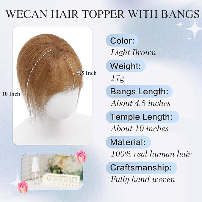 WECAN Hair Toppers for Women Real Human Hair 3D Bangs Clip 100% Human Toppers for Women 10 Inch Clip in Bangs Hairpieces(Light Brown)