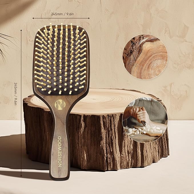 100% Natural Wood Hairbrush for Massaging Scalp,for Most Hair Types, Wooden Bristle for Reducing Damage, Scalp Massager Perfect for Women, Men & Kids