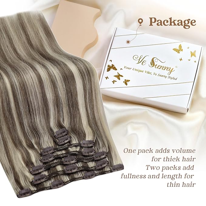 Ve Sunny Clip in Hair Extensions Straight Human Hair Clip in Extensions Remy Clip in Hair Extensions Real Human Hair Extensions for women Light Brown Highlights Platinum Blonde 7pcs 120g 14 inch