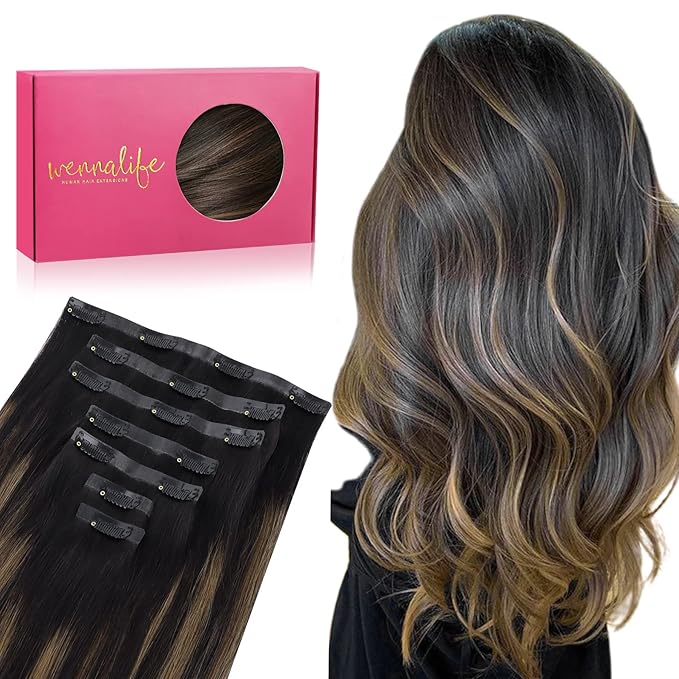 WENNALIFE Seamless Clip In Hair Extensions, 18 Inch 130g 7pcs Natural Black Mixed Chestnut Brown Hair Extensions Clip in Human Hair Invisible PU Skin Weft Natural Remy Human Hair Extensions
