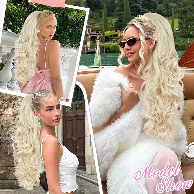ALXNAN Ponytail Extension,24 Inch Claw Clip in Long Curly Wavy Platinum Blonde Ponytail Hair Extension Jaw Clip on Pony Tails Hairpiece for Women