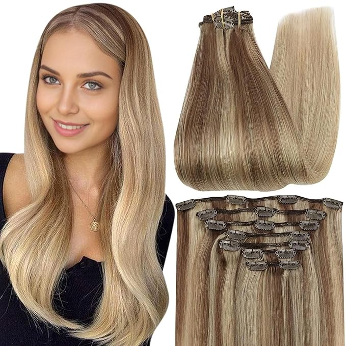 Full Shine Balayage Clip in Hair Extensions Real Human Hair Blonde Human Hair Extensions Clip ins Clip in Extensions Color 10 Fading to 16 And 16 Blonde 7 Pcs 22 Inch 120 G