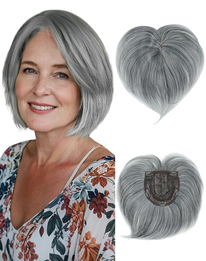 QUEENTAS Silver Hair Topper for Women with Thinning Hair Pieces 6"*6"Large Coverage 360°3D Cover Silver Synthetic Short Bob with 5 Clips in Wiglets(Gray with Black)