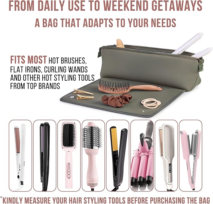 BAREFOOT CARIBOU Hair Tools Travel Bag and Heat Resistant Mat for Flat Irons, Straighteners, Curling Iron, and Haircare Accessories, 2-in-1 design, with Interior Pockets, Portable Organizer