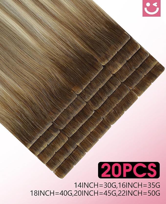 Youngsmile Injection Tape in Hair Extensions Human Hair 20pcs 50g Balayage #3/8/22 Walnut Brown to Ash Brown and Golden Blonde 22 Inch Injected Hair Extensions Straight Remy Human Hair (#3/8/22,22'')