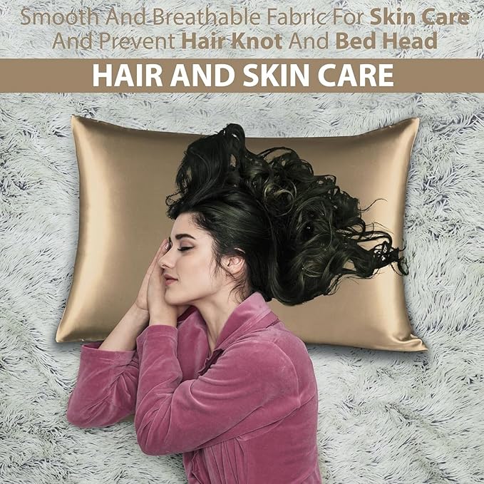 Satin Silk Pillowcase for Hair and Skin, Black Pillow Cases Standard Size Set of 4 Pack Super Soft Pillow Case with Zipper Closure (Camel, Queen(4 Pack))