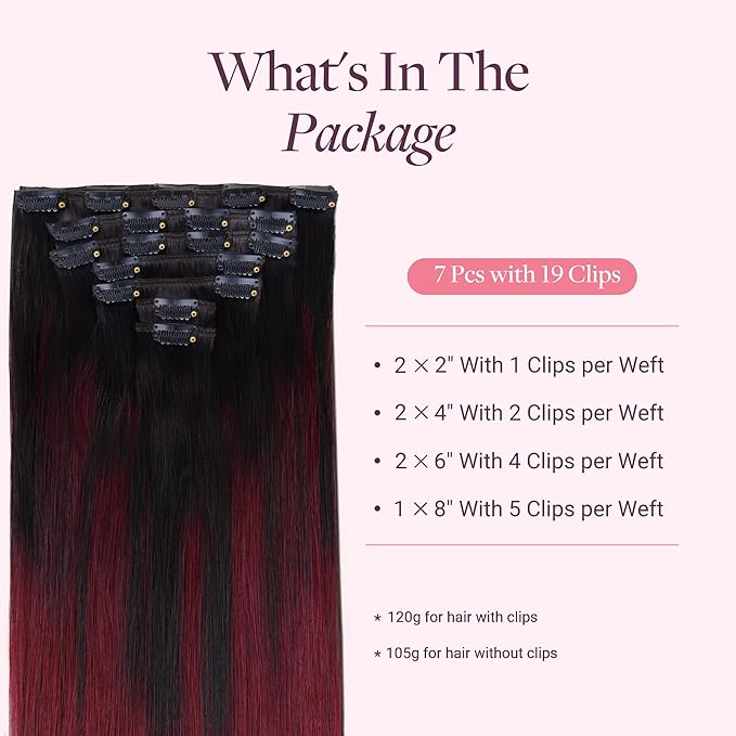 GOO GOO Clip in Hair Extensions Real Human Hair, Remy Human Hair Extensions Clip ins for Women, Natural Human Hair, 20inch 120g 7 Pcs, #1/99j Balayage Jet Black to Red
