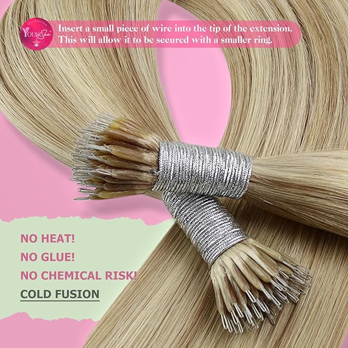 YoungSee Nano Ring Hair Extensions Human Hair Blonde Nano Beads Hair Extensions Warm Ash Blonde Highlights Bleach Blond Nano-Ring Hair Extension 24 Inch Nano-Link Human Hair Extension Long 1g/s 50g