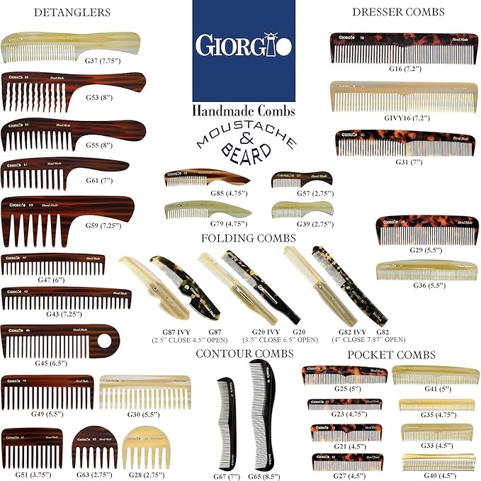 Giorgio G31 TortoiseShell Fine Tooth and Wide Tooth Hair Comb, Styling Comb, Grooming Hair Combs for Women, Mens Beard Care Combs for Detangling and Styling - Handmade Saw-Cut and Hand Polished