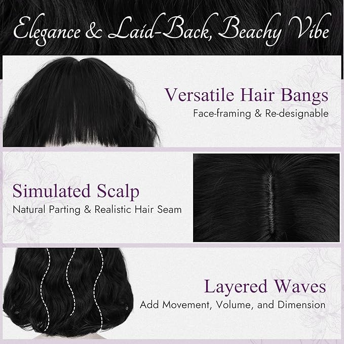 BARSDAR Short Wavy Black Wig with Bangs - Short Black Wavy Wigs for Women - Soft Synthetic Textured Curly Chic French Bob Wig with Face-Framing Bangs Natural Looking Daily Party Halloween