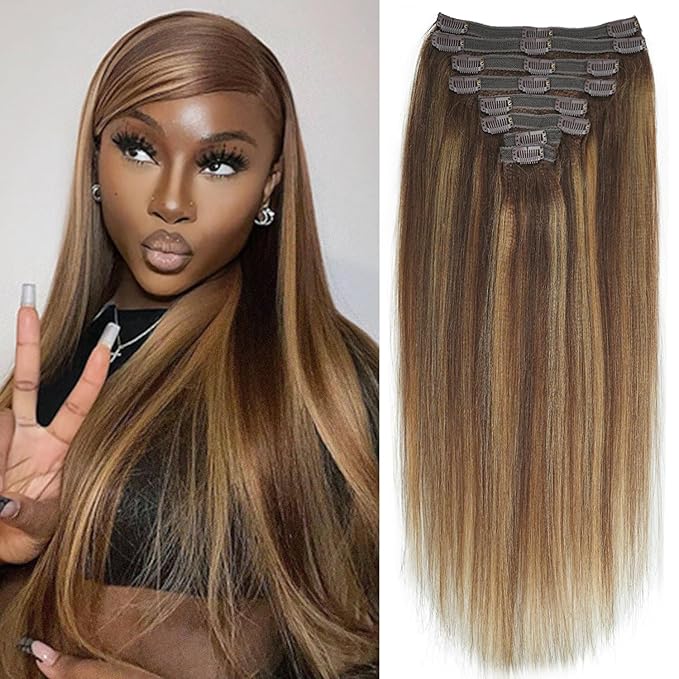 #4/27/4 Yaki Straight Clip in Hair Extensions Real Human Hair Omber Clip ins For Women Yaki Straight Clip on Hair(24inch,T1BP1B/30)