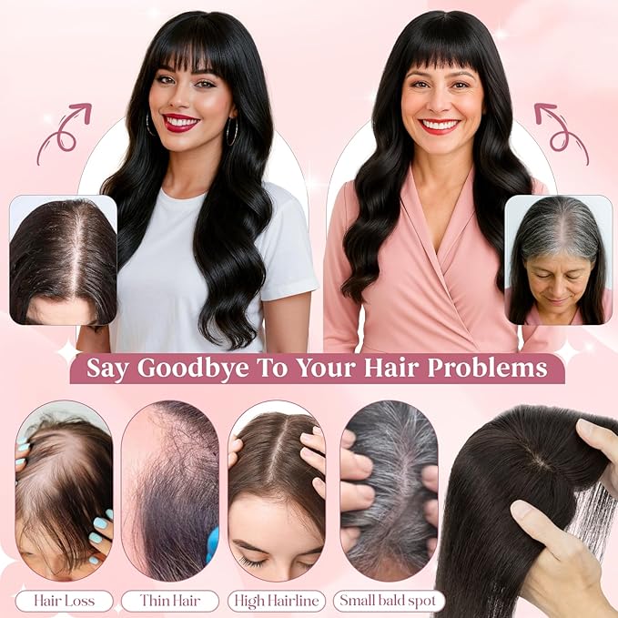 Hair Toppers for Women Real Human Hair 3.54"*4.72" Silky Base 150% Density With Bangs Adjustable Parting Clip-In Topper Hairpieces for Women with Thinning Hair 12 Inches Dark Brown