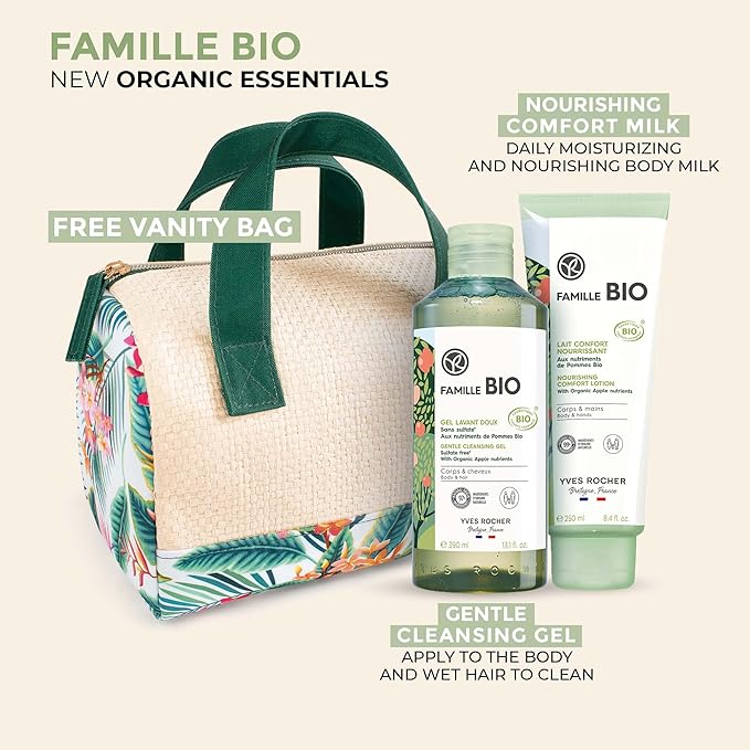 Yves Rocher Famille BIO Organic Cleansing Gel & Nourishing Comfort Milk Gift Set, Includes Vanity Bag, Apple Extract Botanical Formula, Organic Skin Care Products for Kids & Families