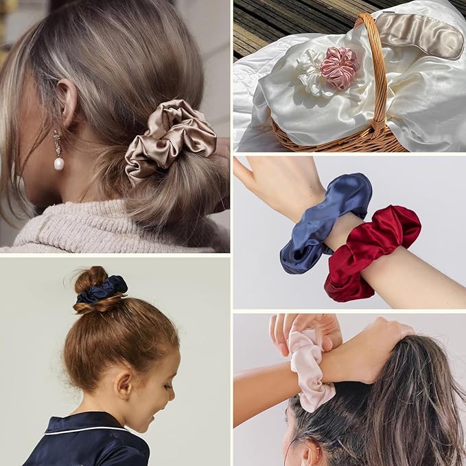 LILYSILK 5PC Silk Hair Scrunchies/Ties for Frizz & Breakage Prevention, 100% Mulberry, No Damage, Elastic ponytail Holders, Fixed Color, Black+Light Coffee+Rosy Pink+Ivory+Navy Blue