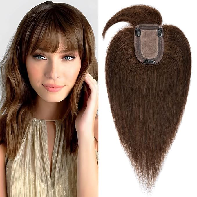 SEGO Hair Toppers for Women Real Human Hair with Thinning Hair, Toppers Hair Pieces Clip in Toppers Straight Hair Pieces with Front Bangs 150% Density Silk Base -8 Inch #4 Medium Brown