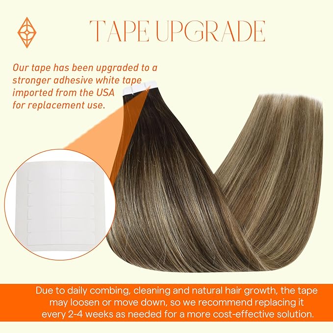 Full Shine Hair Extensions Real Human Hair 22 Inch Balayage Color 2 Brown Fading to 3 and 27 Honey Blonde Seamless Skin Weft Tape Hair Extensions Double Sided Tapes in 20Pcs 50G Straight