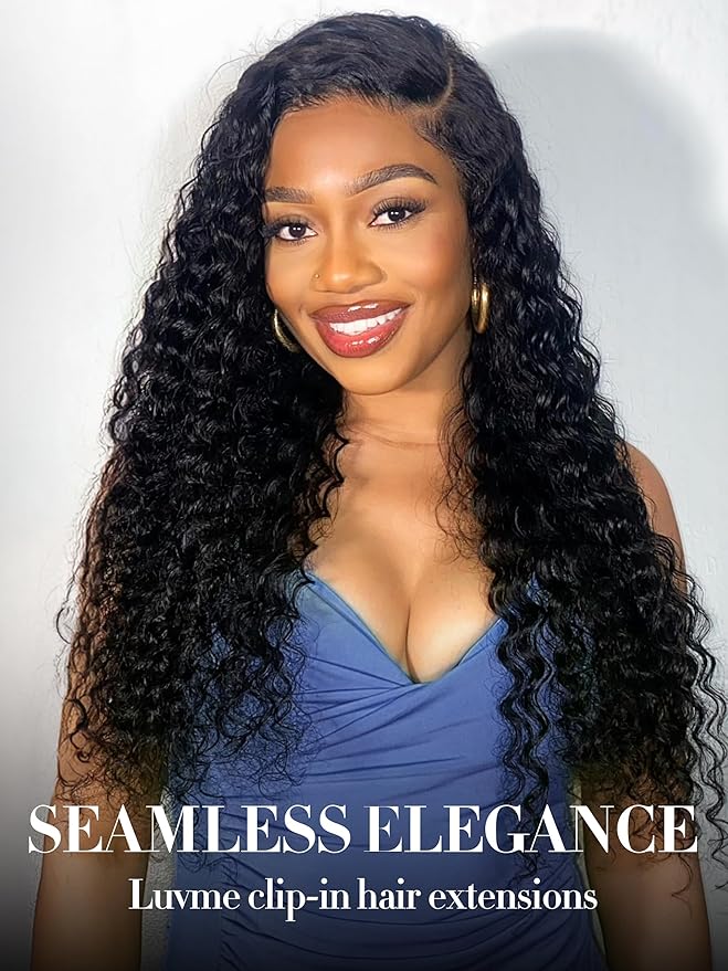 LUVME Clip in Hair Extensions Real Human Hair, Natural Black 135g 9pcs 18 Inch, Human Hair in Extensions for Women Clip ons Thick Loose Deep Wavy Extensions