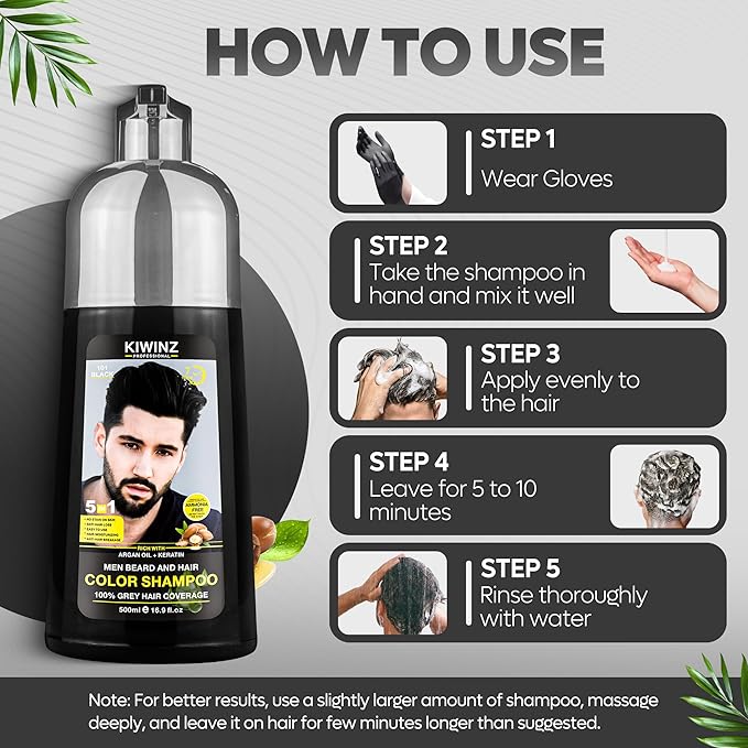 Black Hair Color Shampoo for Men – 5 in 1 Hair Dye Shampoo for Grey Hair - Instant Hair Dye with 100% Color Accuracy with Natural Ingredients - Ammonia Free - 500ml (Black)
