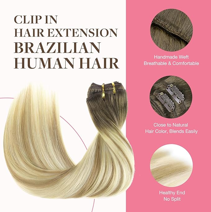 GOO GOO Clip in Hair Extensions Real Human Hair, Remy Human Hair Extensions Clip ins for Women, Natural Human Hair, 18inch 150g 9Pcs, 5A/90/16F Bahamian Balayage