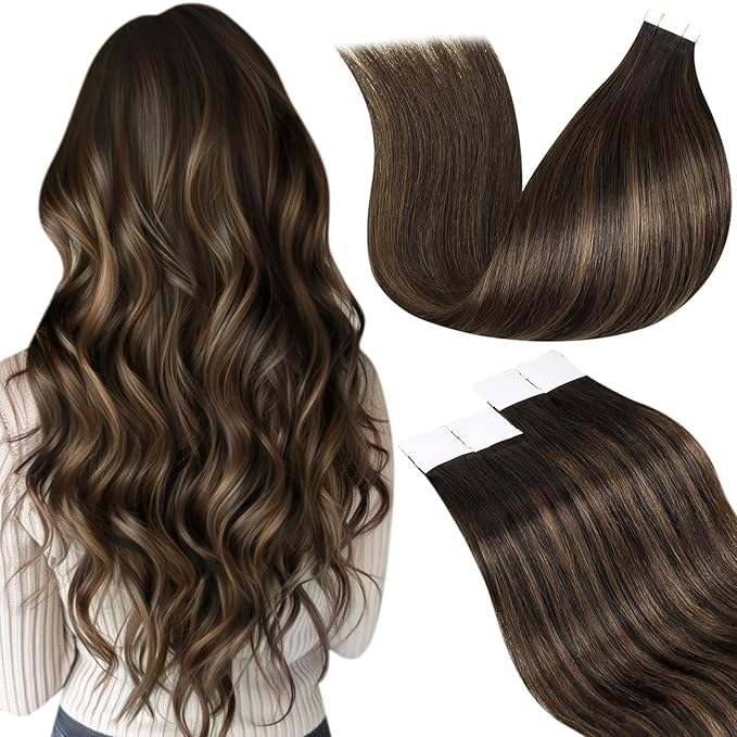 LaaVoo Ombre Tape in Hair Extensions Human Hair Dark Brown to Light Brown Tape in Human Hair Extensions Balayage Hair Extension Tape on Silky Straight Hair 12 inch 30g 20pcs