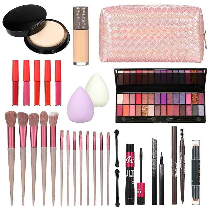 All in One Makeup Kit Makeup Kit for Women Full Kit Multipurpose Makeup Kit-Makeup Brush Set,Eyeshadow Palette,Lip Gloss Set, Makeup Bag,Eyebrow Pencil,Eyeliner pencil,Mascara,Contour Bar,Liquid foundation,concealer and Face Makeup