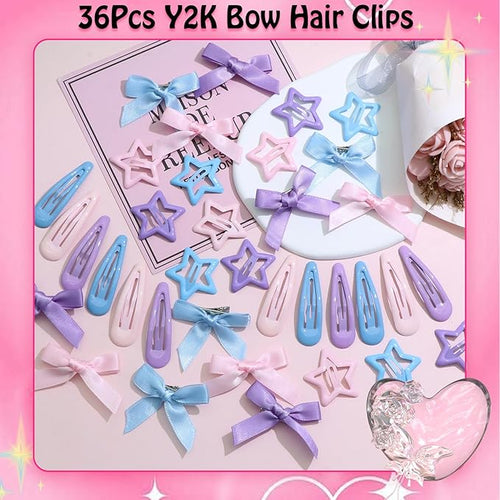 36Pcs Pink Mini Bow Hair Clips 3 Color Star Snap Hair Barrettes for Women Blue Water Drop No Slip Hair Clips Purple Small Hair Bows Star Bowknot Hair Accessories for Teens Girls