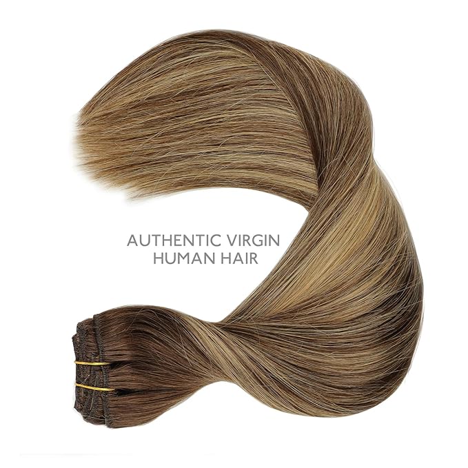 WENNALIFE Clip in Hair Extensions, 150g 16 Inch 9pcs Balayage Chocolate Brown to Honey Blonde Human Hair Extensions Thicker Clip in Hair Extensions Real Human Hair Clip Set Double Weft