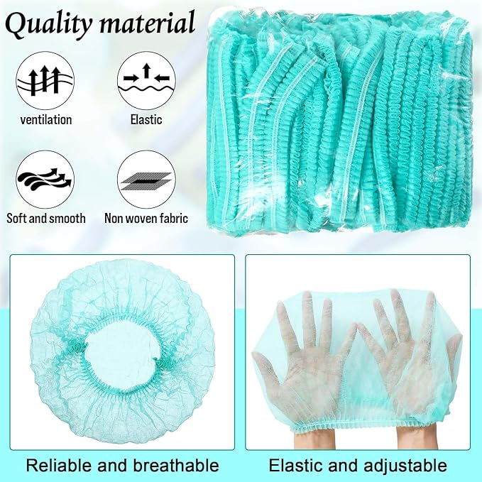 100 Pcs Disposable Nonwoven Bouffant Caps 21 Inch Hair Net Elastic Cap Hair Cover Hats for Beauty Salon Hospital Spa Catering Dust-free Workspace(Green)