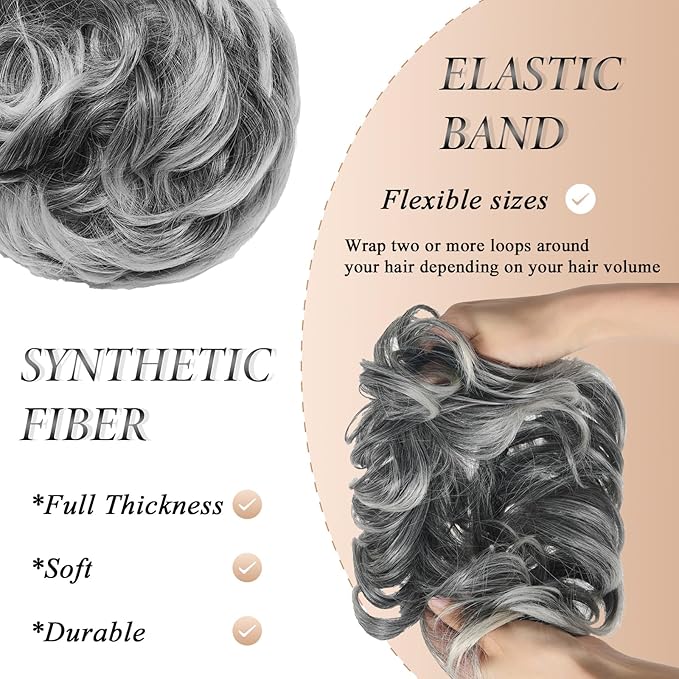 Large Messy Bun Hair Piece Curly Synthetic Extensions Scrunchies Fake Chignon Updo Hairpieces for Women Light Gray