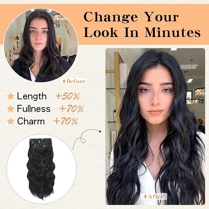 Clip in Hair Extensions, 20 Inch Black Wavy Hair Extensions Clip Ins for Women (4PCS Curly)