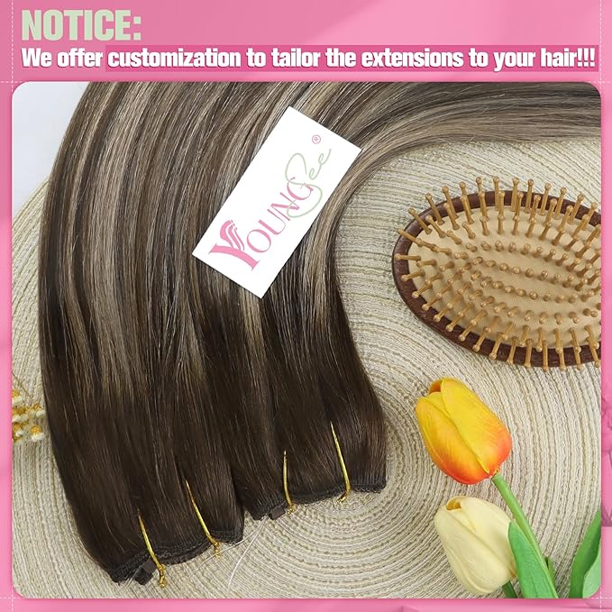 Youngsee Wire Hair Extensions Brown Balayage Wire Human Hair Extensions Ombre Dark Brown with Ash Blonde Invisible Fish Line Hair Extension Real Human Hair for Women 12Inch 70G