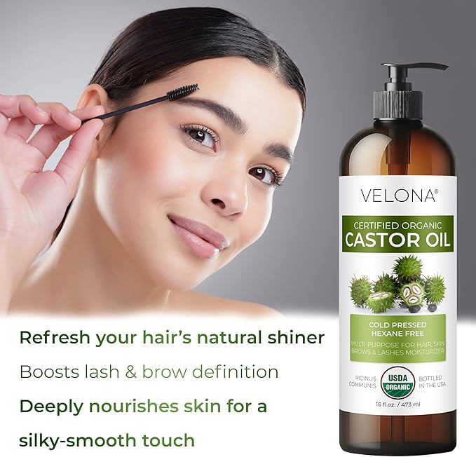 velona USDA Certified Organic Castor Oil - 16 fl oz (With Pump) | For Hair Growth, Boost Eyelashes, Eyebrows | Cold pressed, Natural Oil, USP Grade | Hexane Free, Lash Serum, Caster