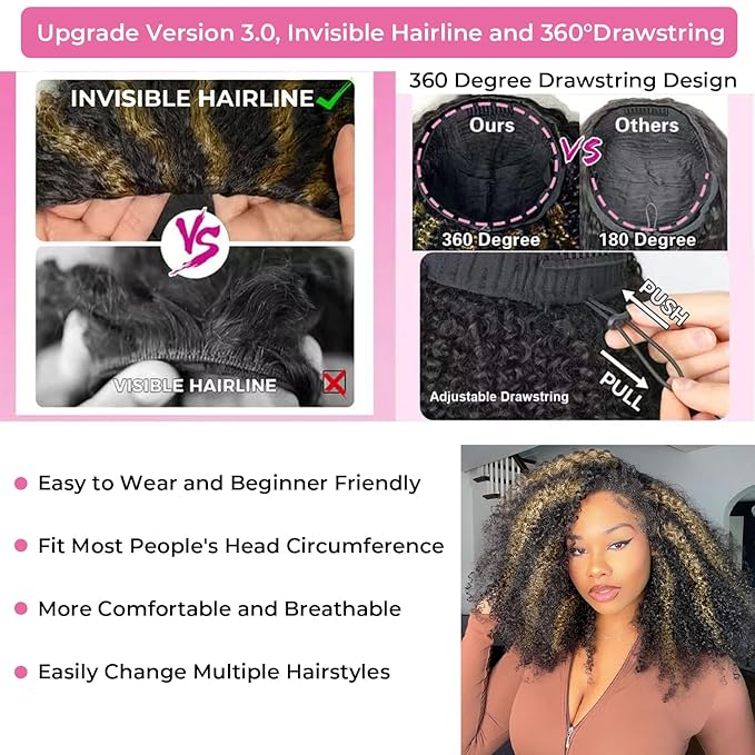 Half Wig Human Hair 3 In 1 Kinky Curly Wig Glueless Balayage Highlight Ombre Brown 250% Density Wear Go Half Wig for Women Drawstring Seamless Flip Headband Wig Beginner Friendly 16 Inch