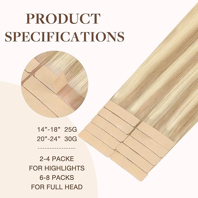 GOO GOO Tape in Hair Extensions Human Hair, 18A/613A Dark Blonde Highlighted Bleach Blonde, 14inch 25g 10pcs, Skin Weft Seamless Invisible, Silky Straight with Thick Ends, Remy Human Hair