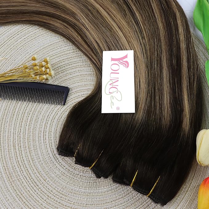 YoungSee Wire Hair Extensions Balayage Invisible Wire Hair Extensions Real Human Hair Chocolate Brown Mix Caramel Blonde Couture Hair Extension With Transparent Line 18In 80G