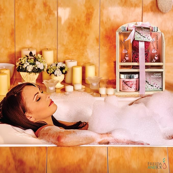 Deluxe Cherry Blossom Spa Basket - Home Spa Set with Bubble Bath, Bath Salts, Body Lotion, Bath Puff, and Rose Soaps in Wooden Curio