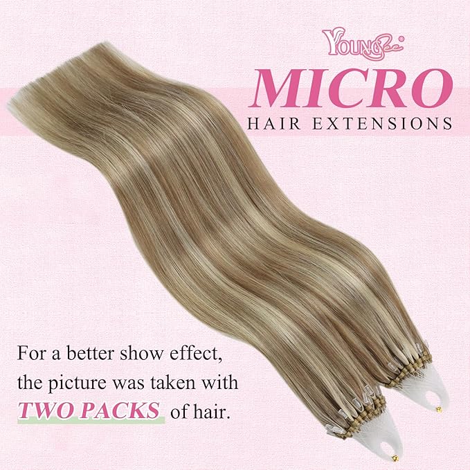 YoungSee Micro Link Hair Extensions Human Hair Highlight Micro Loop Hair Extensions Real Human Hair Light Brown Highlights Blonde Microbead Hair Extension for Adding Hair Volume 18 Inch 50s 50g