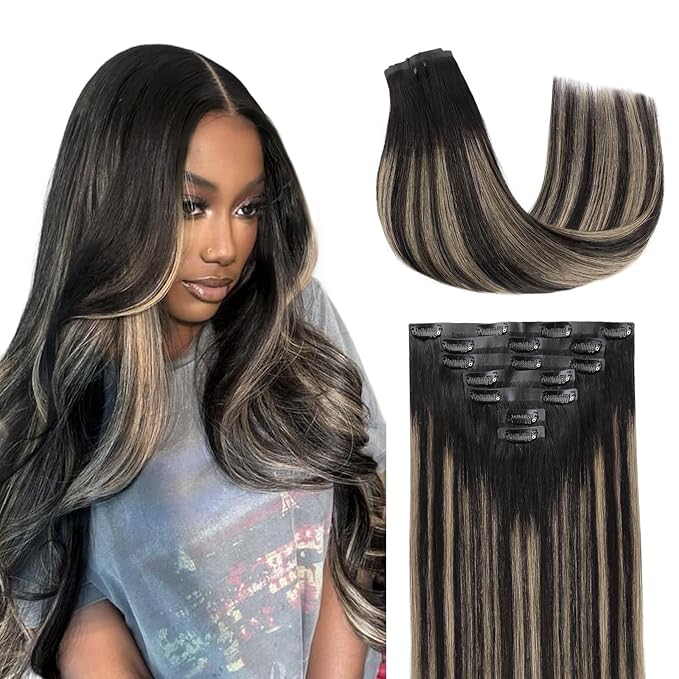 Lashey Seamless Clip in Hair Extensions Human Hair, 110g 7pcs Straight Balayage Natural Black to Light Blonde Highlighted Clip in Hair Extensions for Black Women 18 Inch