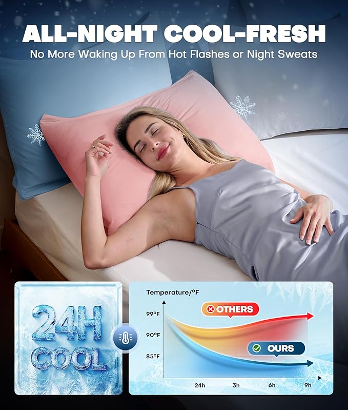 Ultra-Chill Cooling Pillowcase Set of 2 for Hot Sleepers, Softer Than Silk Pillow Cases for Protecting Hair & Skin, Breathable Bed Pillow Covers w/Zipper, Gifts for Women & Men (Pink, Standard)
