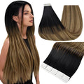 Full Shine Hair Extensions Real Human Hair Tape in Color 1B Dark Roots Fading to 6 and 27 Honey Blonde Straight Soft Tape Ins Human Hair Extensions 22 Inch Invisible Balayage Hair 50g 20PCS for Party