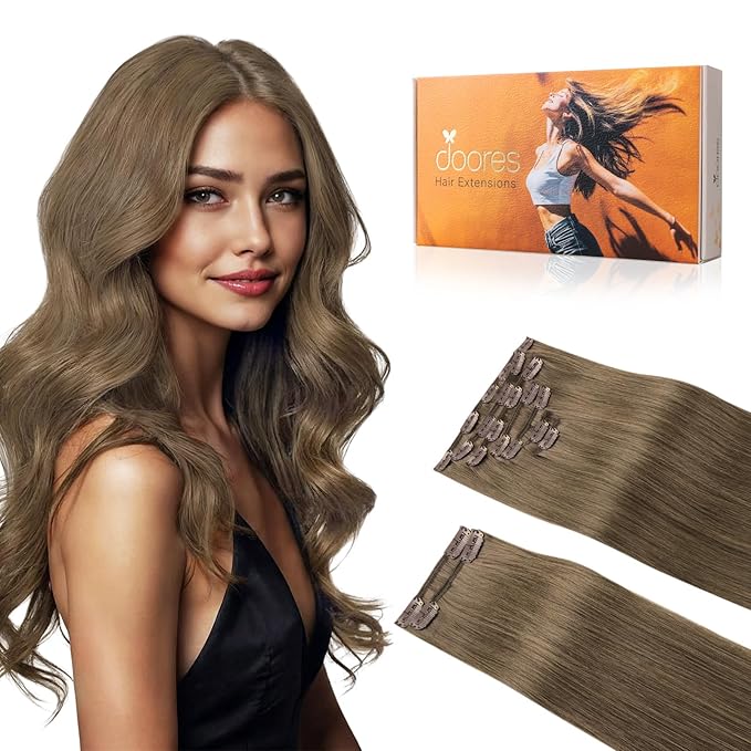 DOORES Clip in Human Hair Extensions, Light Ash Brown 150g 9pcs 20 Inch, Clip in Hair Extensions Real Human Hair Real Natural Weft for Women Thick Silky Straight Weft