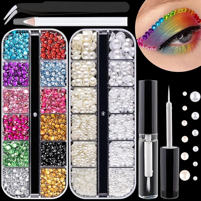 Flat Back Rhinestone+Half Round Pearl Kits Colorful Rhinestones+White&Beige Pearls With Quick Dry Makeup Glue+Picker Pencil+Tweezer For Nail Art And Face Make-up