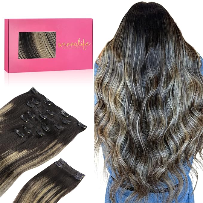 WENNALIFE Clip in Hair Extensions Real Human Hair, 24 Inch 150g 9pcs Human Hair Extensions Clip In, Balayage Natural Black to Light Blonde Hair Extensions Clip In Real Remy Human Hair