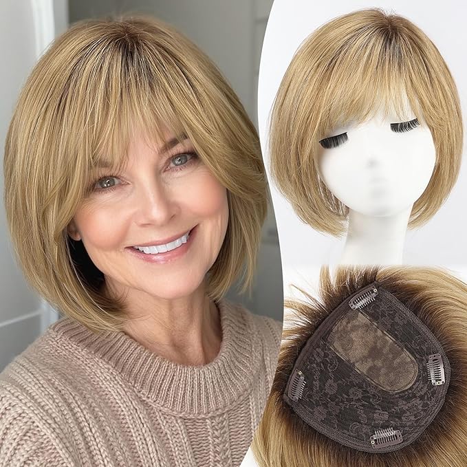 EMMOR Human Hair Toppers for Women Short Bob Real Hair with Bangs 10" Side Part Hairpieces for Women with Thin Hair 6.5" × 6.5" Larger Base Human Wig Toppers(Ombre Light Brown)