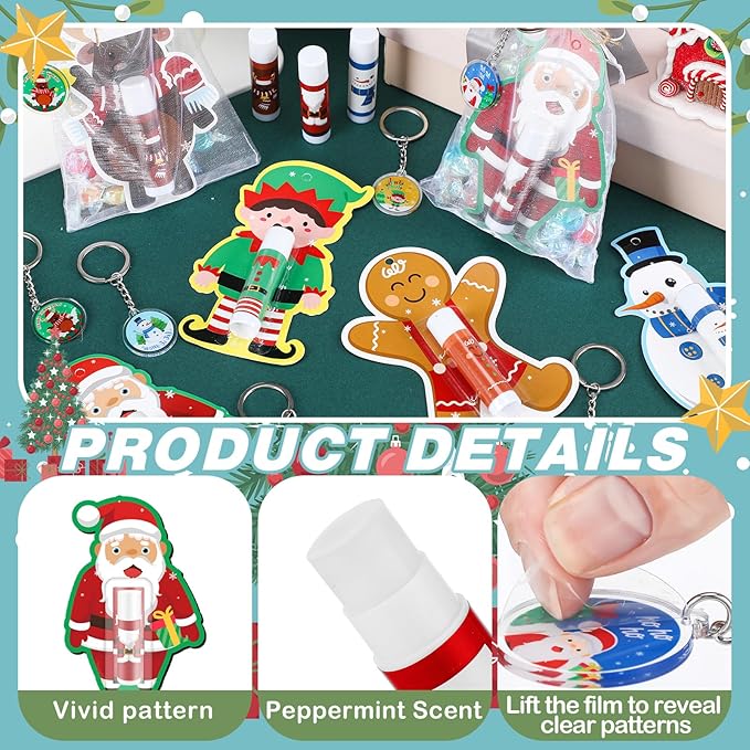Henoyso 150 Pcs Christmas Favors 5 Styles Lip Balm Bulk Moisturizing Lip Balms Acrylic Keychains with Organza Bags for Xmas Holiday Treat Gifts Women Christmas Stocking Stuffers Party Supplies