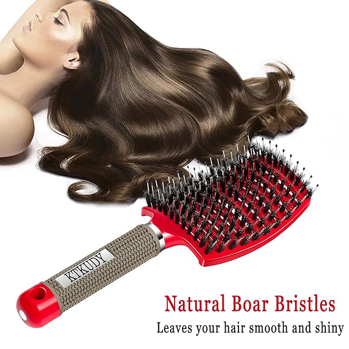 Detangling Brush Boar Bristles Set KTKUDY Hair Brush Curved and Vented Detangler Brush for Women Men Kids Wet and Dry Hair (Red&Black)