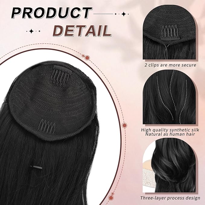 Ponytail Extension, Black Drawstring Ponytail Extension for Women Long Wavy Pony Tails Hair Extensions Synthetic Wavy Clip in Ponytail Hairpiece for Women, 20 Inch