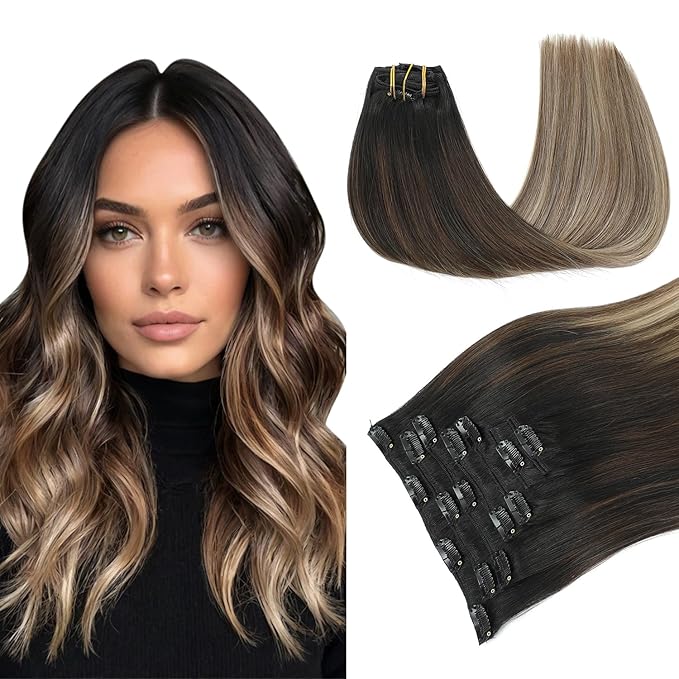 PINKPEARL Clip in Hair Extensions Real Human Hair #1B/4/27 Balayage Natural Black to Chocolate Brown and Caramel Blonde Clip in Hair 7pcs 120g 14inch Human Hair Extensios Clip ins(#1B/4/27-14)