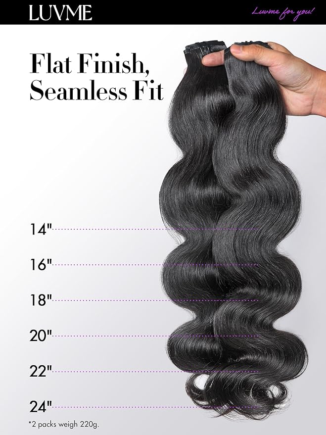 LUVME Body Wave Seamless 2 Pack 220g 14Pcs Clip in Hair Extensions Full Max with 24inch Remy Human Hair Extensions, Natural Black 100% Real Soft Hair