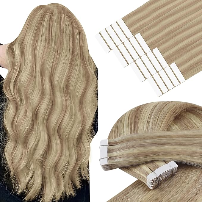 YoungSee Tape in Hair Extensions Human Hair Blonde Highlight Tape ins Human Hair Extensions Golden Blonde Invisible Tape-in Extensions for Short Hair 12 Inch 20pcs 30g